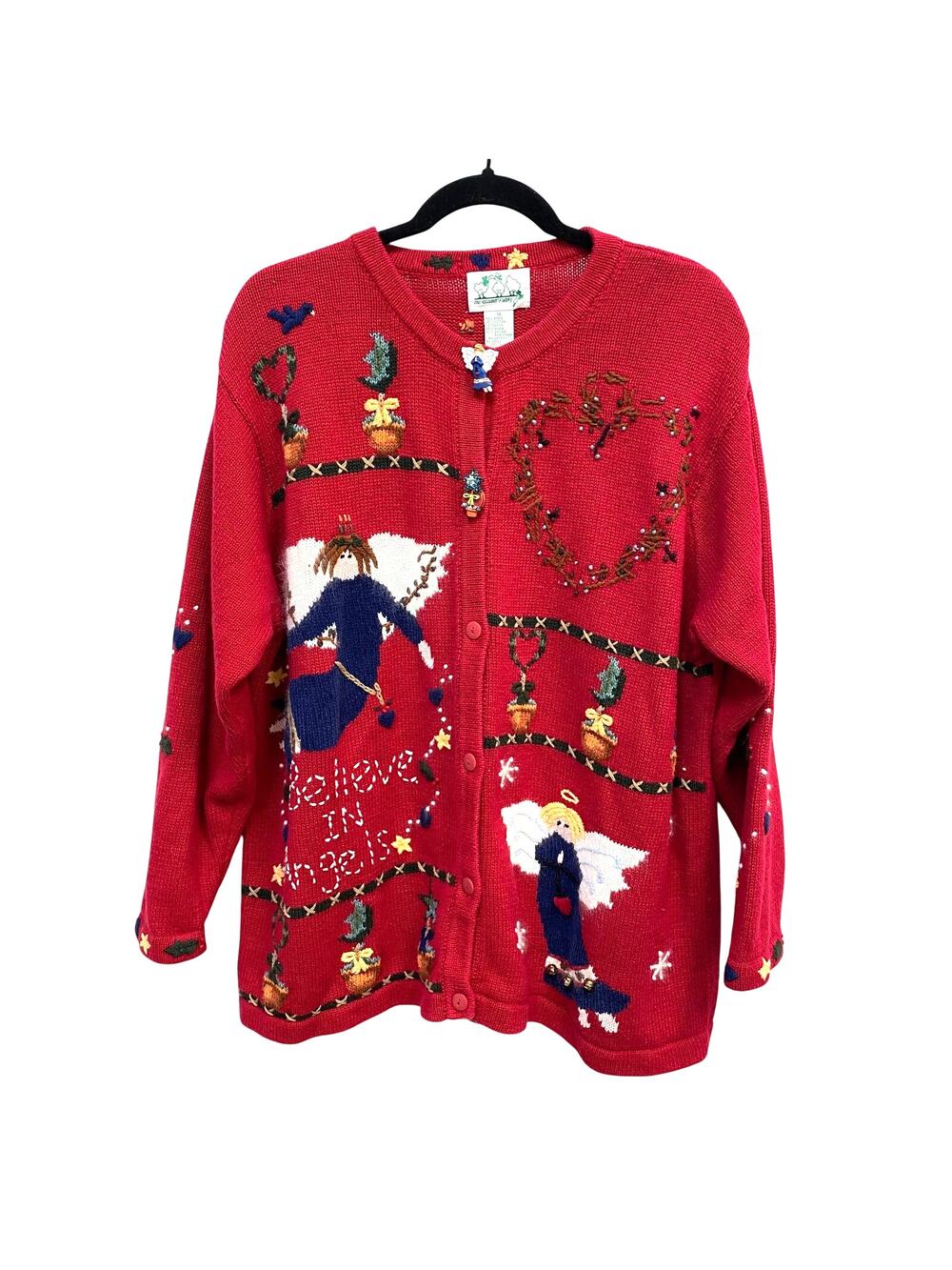 VTG Quacker Factory Believe in Angels Cardigan 1X plus Red Christmas Sweater